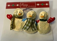 Vintage G.A.M.C. Snowman Trio Brooch Glitter Enamel Holiday Pin on Card