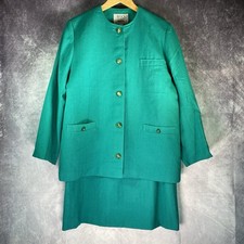 Avoca UK 14 Vintage Green 100% Wool Skirt Suit Blazer Set Gold Buttons Ireland