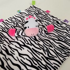 Taggies Zebra Print Lovey Security Blanket Rattle Toy Soft White Satiny Feel
