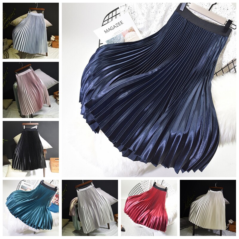 スカート CRANK Frill pleated midi skirt Ladies Satin Faux Silk Skirt Pleated Midi Frill Shiny