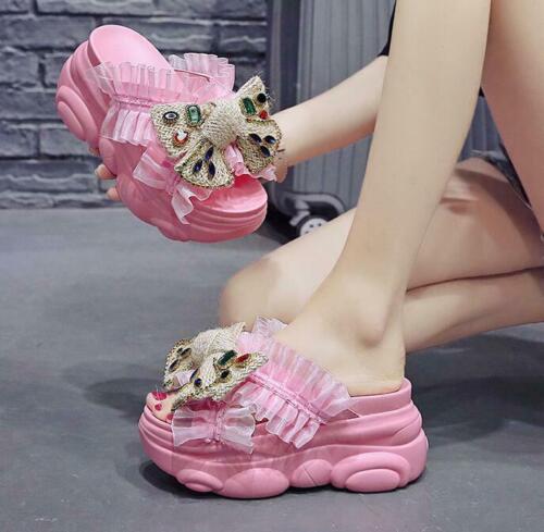 Sweet Womens Bowknot Open toe Platform High Wedge Heel Slip on Summer Slippers - Picture 5 of 21