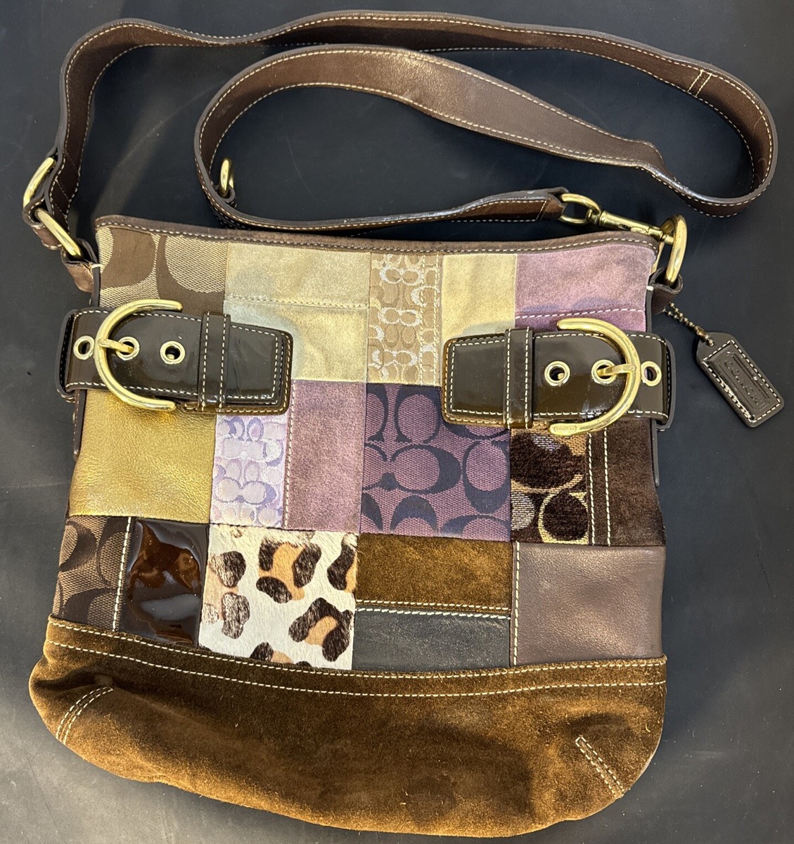 バッグ 00s patchwork boston bag Y2K hand bag Coach Y2K Holiday Patchwork Purple & Brown Patent Trim Book