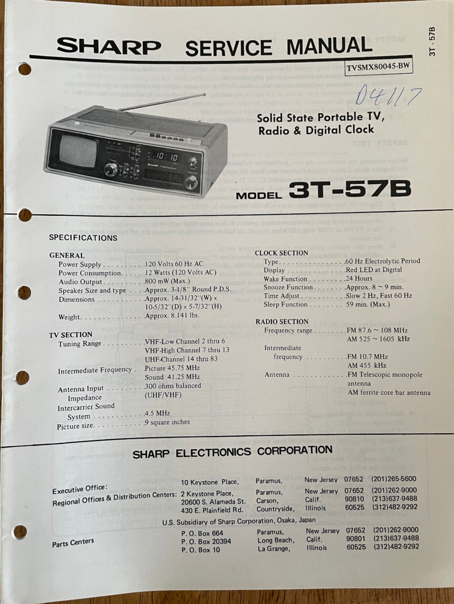 SHARP 3T-57B SOLID STATE PORTABLE TV RADIO CLOCK ORIGINAL SERVICE