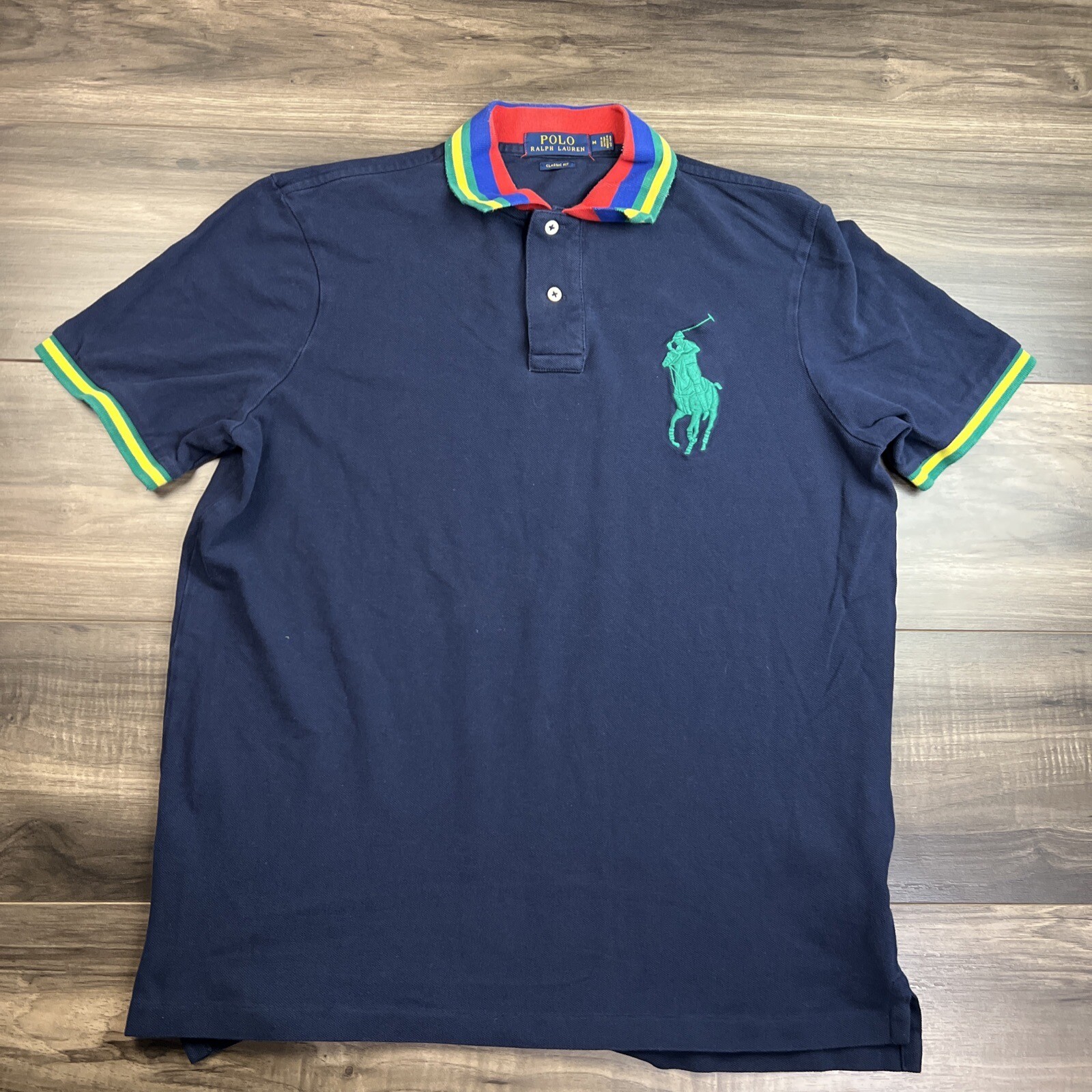 Polo Ralph Lauren camicia giovane blu medio grande verde pony colletto arcobaleno