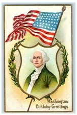 c1910's Birthday Greetings George Washington Patriotic Flag Embossed Postcard