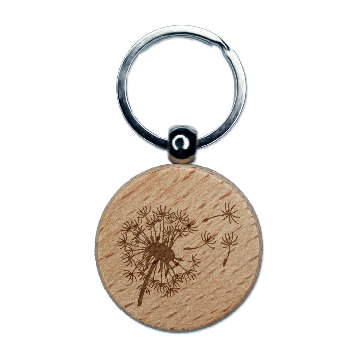 Dandelion Blowing in Wind Engraved Wood Round Keychain Tag Charm