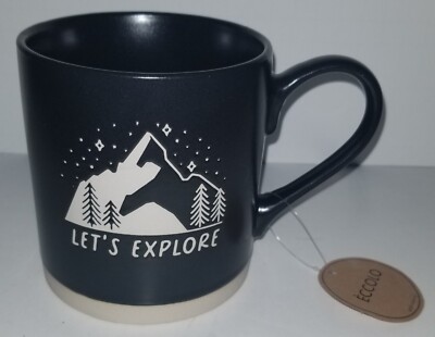 Eccolo Let's Explore. 16 Ounce black ceramic coffee mug, New