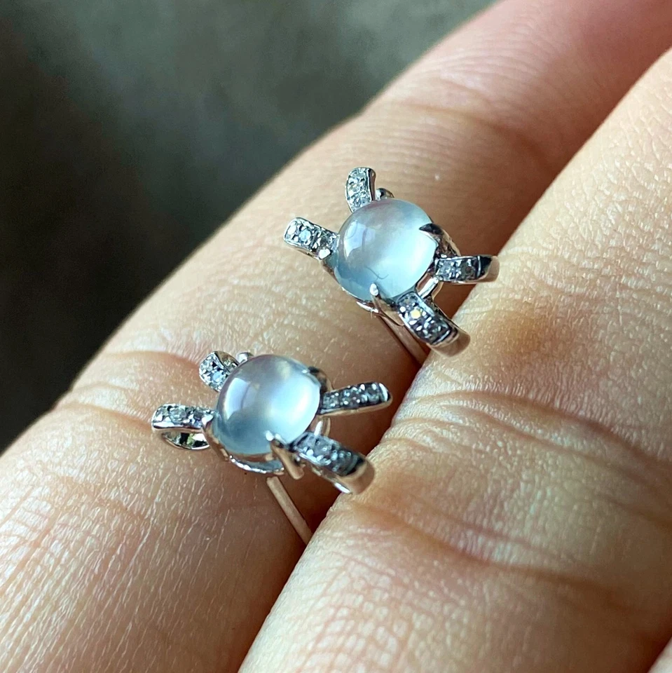 Certified Grade A Jade Jadeite Glass Cabochon Earring 18K Gold Inlaid Nature — 第 2/4 张图片