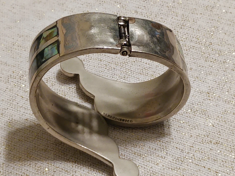 Vintage Mexican,Sterling Silver Hinged Cuff Bracelet,Abalone Shell,Pre-owned,75g - Image 3 of 4