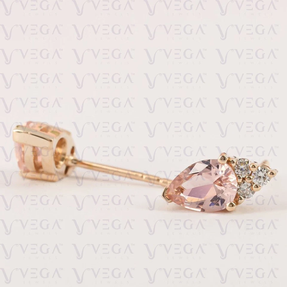 Pendiente de morganita natural y diamantes en forma de pera de 3,36 quilates de oro rosa macizo de 14 quilates Foto 3 de 4