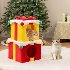 2-Storey Cute Christmas Cat House with Bow 2 Condos Indoor Cat Furniture Modern