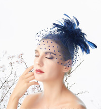 Navy Blue Feather Wedding Fascinator Hat Woman Headpiece Polka Dot Formal Party