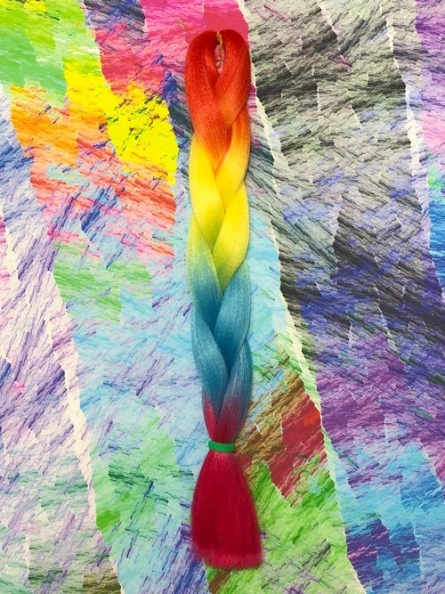 RAINBOW ORANGE YELLOW BLUE PINK TRANSITIONAL KANEKALON JUMBO BRAID OMBRE HAIR