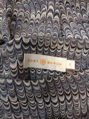 Tory Burch Silk Georgette Clamshell Print Pleated Layered Skirt 8 Navy /Greys