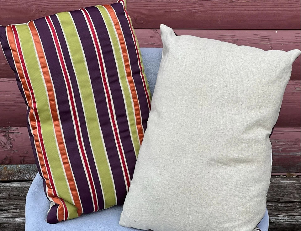 Set Of 2 World Market Lumbar Throw Pillows Ribbon Stripes On Canvas 20X14 - Image 2 of 3