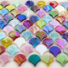 3/4" Iridescent Fanshape Glass Mosaic Tiles for Crafts, 170 Pieces Mosaic Gla...
