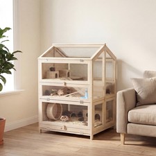 PawHut Wooden Hamster Cage 3 Tier with Pull-Out Tray, Hut, Seesaws, Ramps