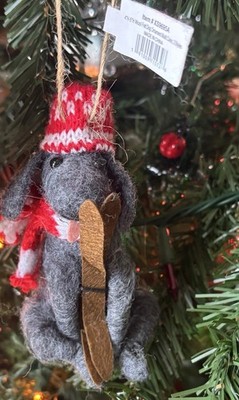 NWT Dog W/Skis Christmas Ornament Felted Wool Scarf Hat 5 x2.5 