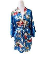Vintage 70s 80s Whitby Kimono Robe   Geisha Print   Blue Cherry Blossom