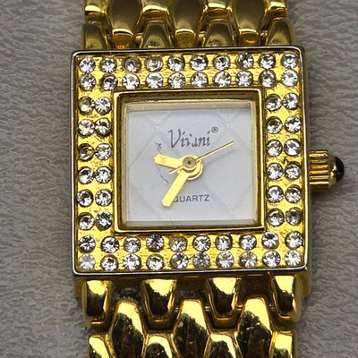 Vintage Accutime Vianni Rhinestone Watch Gold Tone Bracelet Quartz 6.75in READ