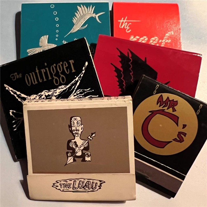 Vtg TIKI Matchbook Lot 6 The Luau The Reef  Mr C’s Jack’s at the Beach Outrigger