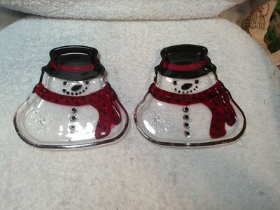 Peppermint Square Set Of 2 Glass Snowman Plates 6.25'' X 6.25'' New No Box Or Tag