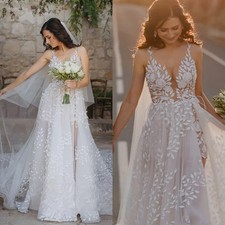 Ruhair Fashion Spaghetti Straps Wedding Dresses Lace Appliques Slit Aline V-Neck