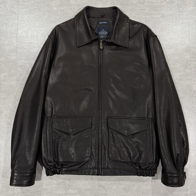 Nautica Brown Genuine Leather Bomber Jacket Men's Size 42 Vintage