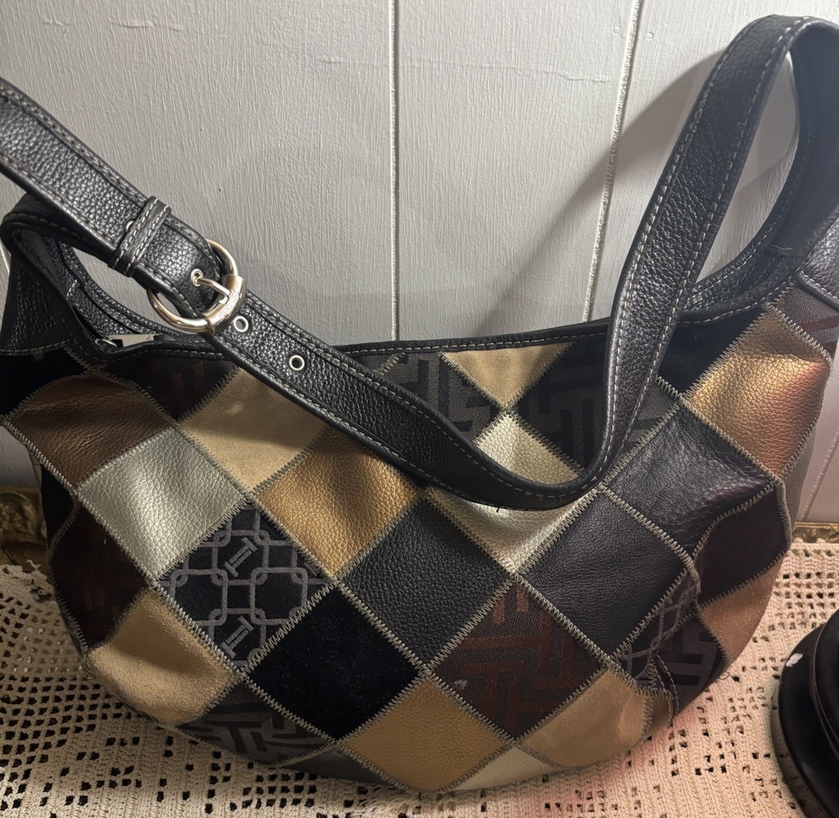 Vintage Leather Patchwork Purse Boho Multi Color Bag 15” Hobo Italian Tignanello