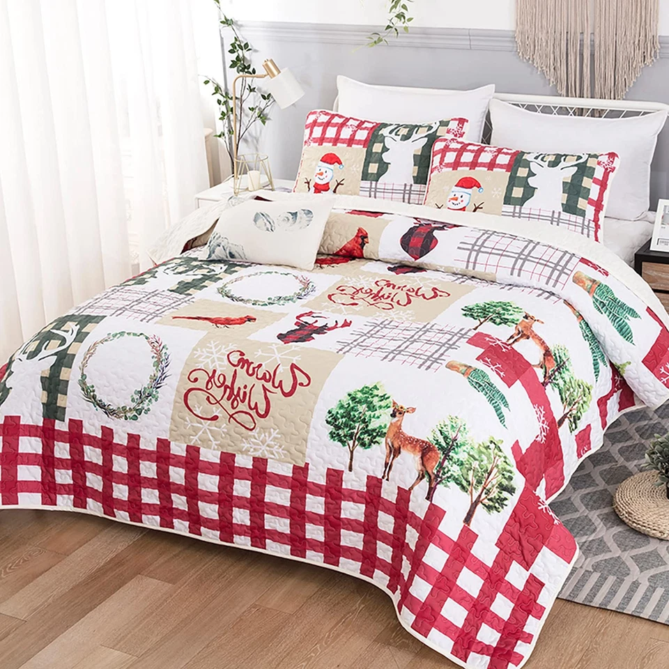 Christmas Quilt Set King Rustic Christmas Tree Snowman Cardinal Holiday Wreat... - Image 2 of 4