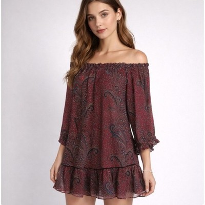 Zara Basics Red Off Shoulder Paisley Mini Dress S
