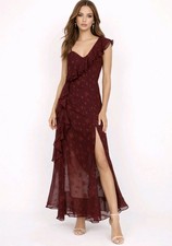 Lulus Dress Forever Be Burgundy One Shoulder Floral Chiffon Ruffle Maxi Size M
