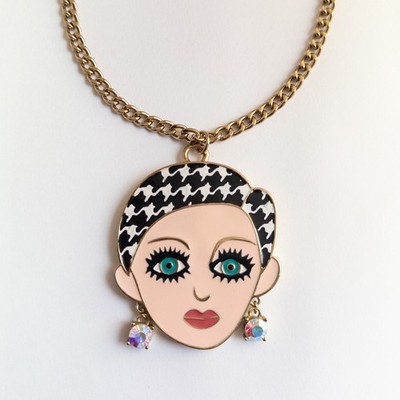 Betsey Johnson Mod 60's Retro Girl Power Face Eyes Mirror Necklace Vintage RARE