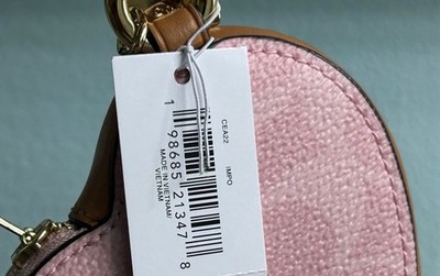 NWT Coach POWDER PINK Heart Bag Charm In Signature Canvas CEA22