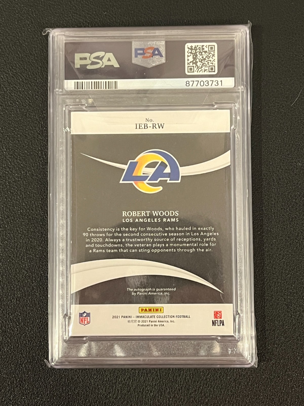 Robert Woods 2021 Immaculate Collection Auto Eye Black Gold /25 Rams PSA 9 view 2