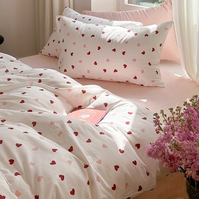 Heart Duvet Cover Set Queen, White Pink Red Pattern, Zipper Closure, 90''x90''