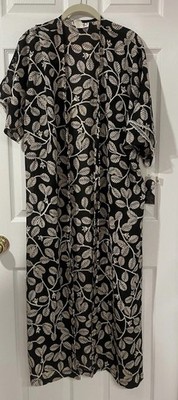 Josie By Natori Vintage Black Leaf Print Sheer Long Robe Coverup Sz S Lace 89782