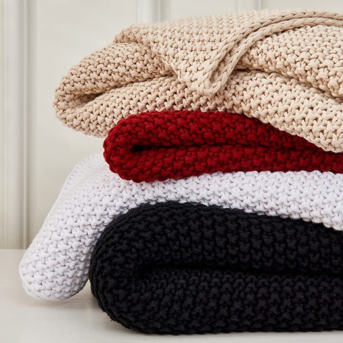Chunky Cable Knit Throw Blanket Lightweight Beige 100% Organic Cotton Blanket... - Picture 7 of 9