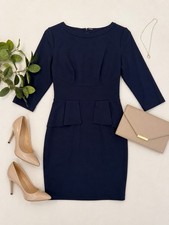 Elie Tahari Navy Sheath Dress Peplum 3/4 Sleeve Stretch Work Office Size 6
