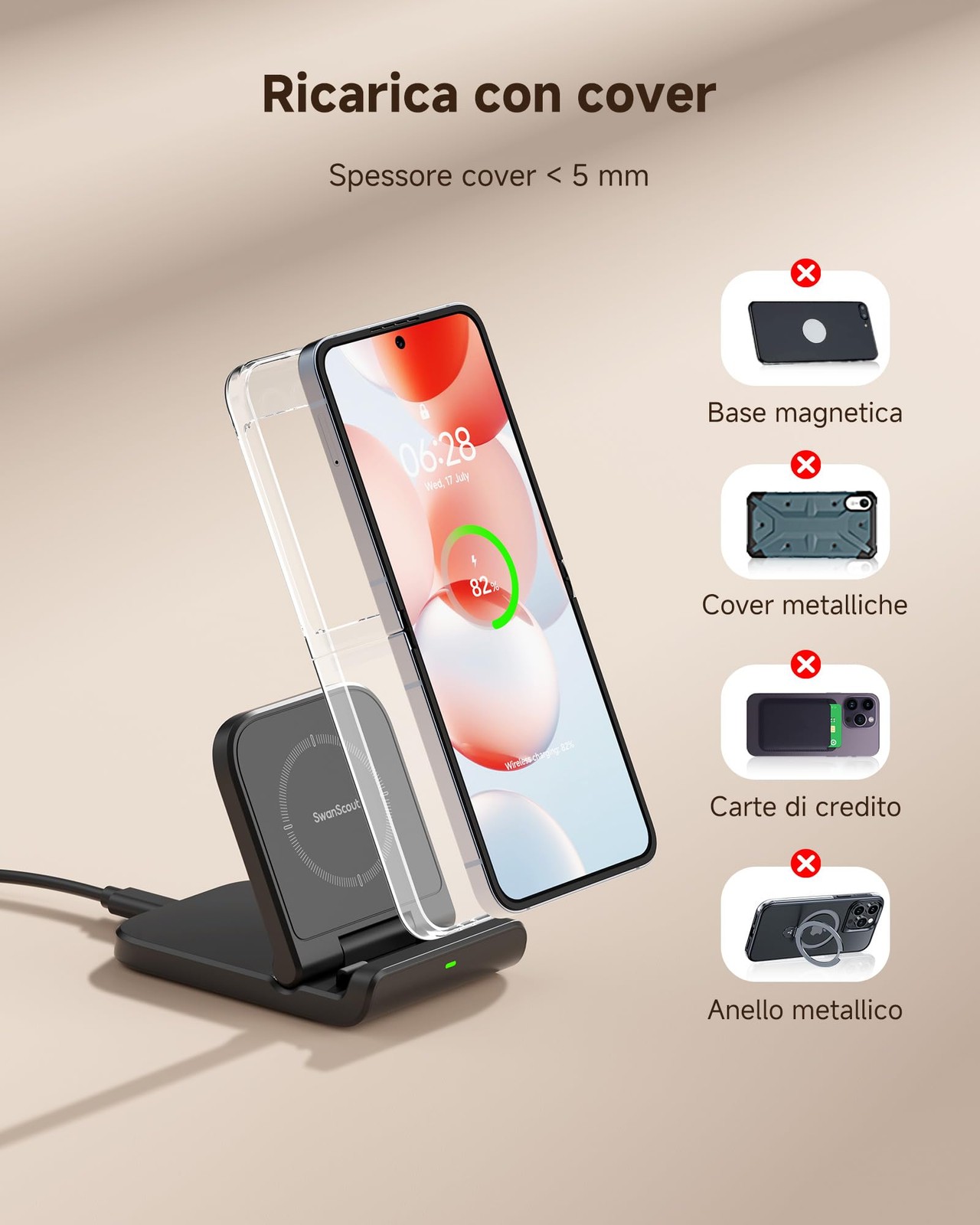 Caricatore Wireless per Samsung Galaxy Z Flip 8/7/7 FE/6/5/4/3 Base di Ricarica foto 6