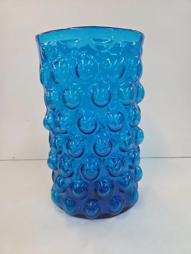 Vintage 1960s Blenko Bubble Glass Blue Oval Vase Wayne Husted 10" Tall Excellent