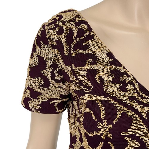 JS Collections Dress Women 2 Burgundy Tan Short Sleeve V Neck Knee Evening Party - Picture 3 of 12