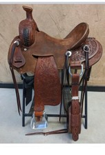 Western Brown Leather Rough out Leather Roper Ranch Saddle: 15",16",17",18"