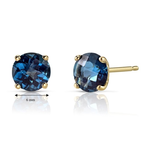 14K Yellow Gold Round Cut 2.00 Carats London Blue Topaz Stud Earrings - Picture 4 of 5