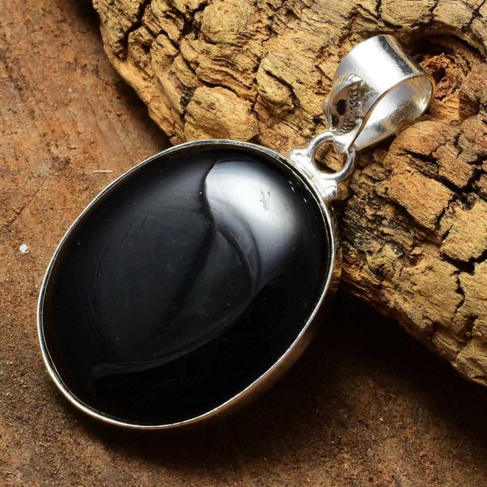 Ciondolo Ovale Fatto A Mano In Argento Sterling 925 Con Gemma Di Onice Nero - Immagine 2 di 3
