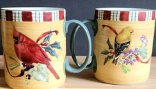 Set of 2  Lenox Winter Greetings Mugs Goldfinch & Cardinal Birds Plaid Christmas