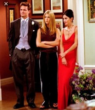 Long red evening/prom dress with side splits very similar to Monica Geller's 