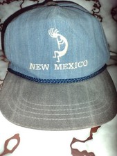 NEW MEXICO KOKOPELLI BLUE DENIM CAP BLACK BILL SYRAP BACK EMBOSSED MADE IN USA