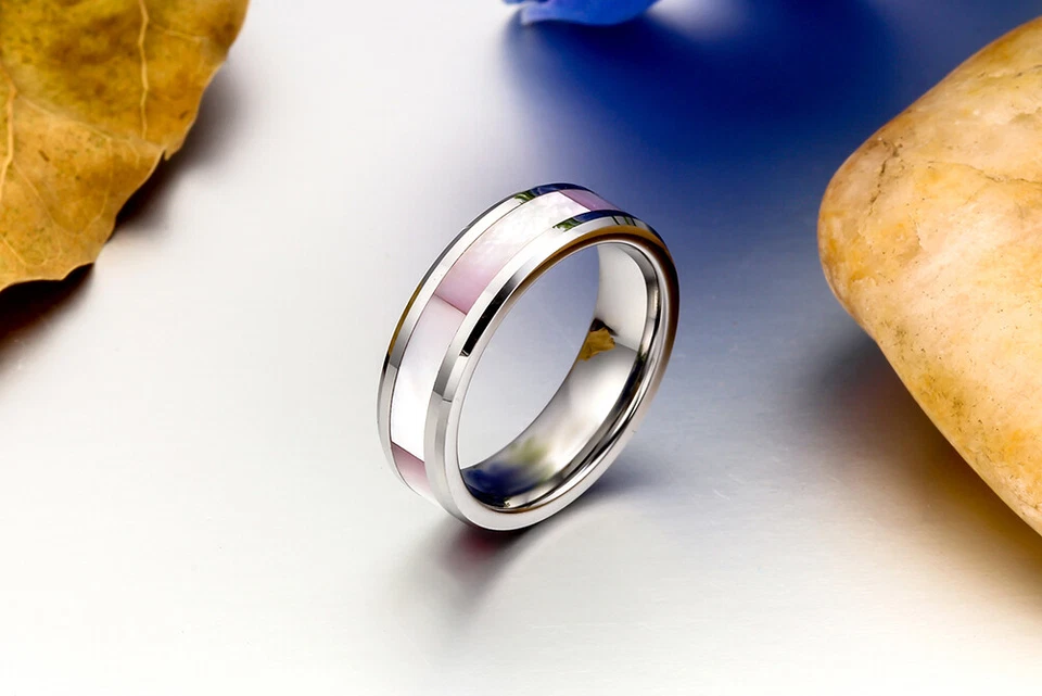 Pink Shell Inlay Tungsten Carbide Ring Womens Lady Girls Engagement Wedding Band - Image 2 of 4