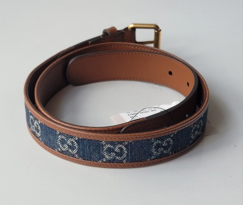 Gucci GG blue denim brown leather square buckle belt 80-32 UNISEX 100%authentic - Picture 6 of 9